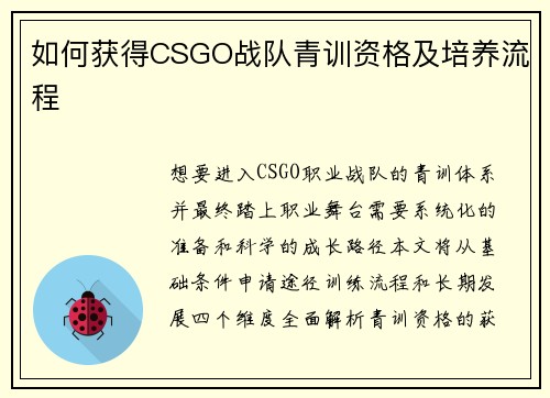 如何获得CSGO战队青训资格及培养流程