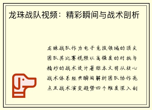 龙珠战队视频：精彩瞬间与战术剖析