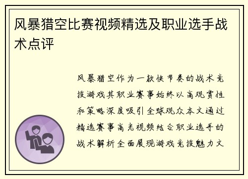 风暴猎空比赛视频精选及职业选手战术点评