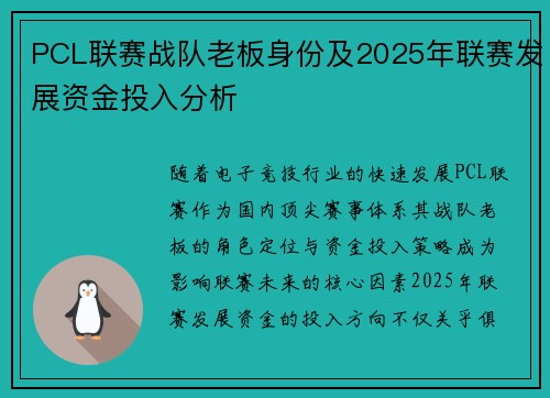 PCL联赛战队老板身份及2025年联赛发展资金投入分析