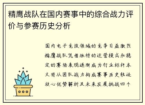 精鹰战队在国内赛事中的综合战力评价与参赛历史分析